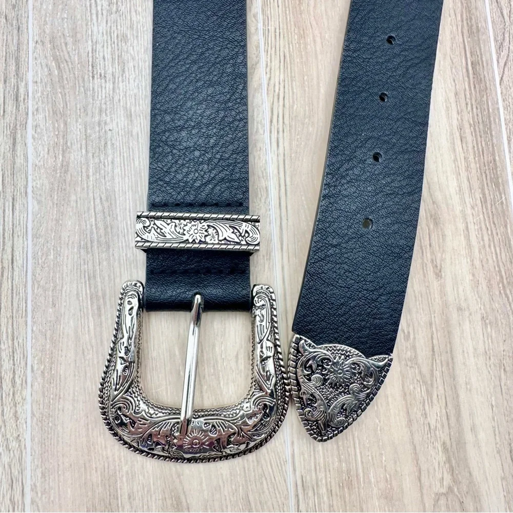Western Black Faux Leather Belt Silver Toned Boho Engraved Buckle XL 41”-45”